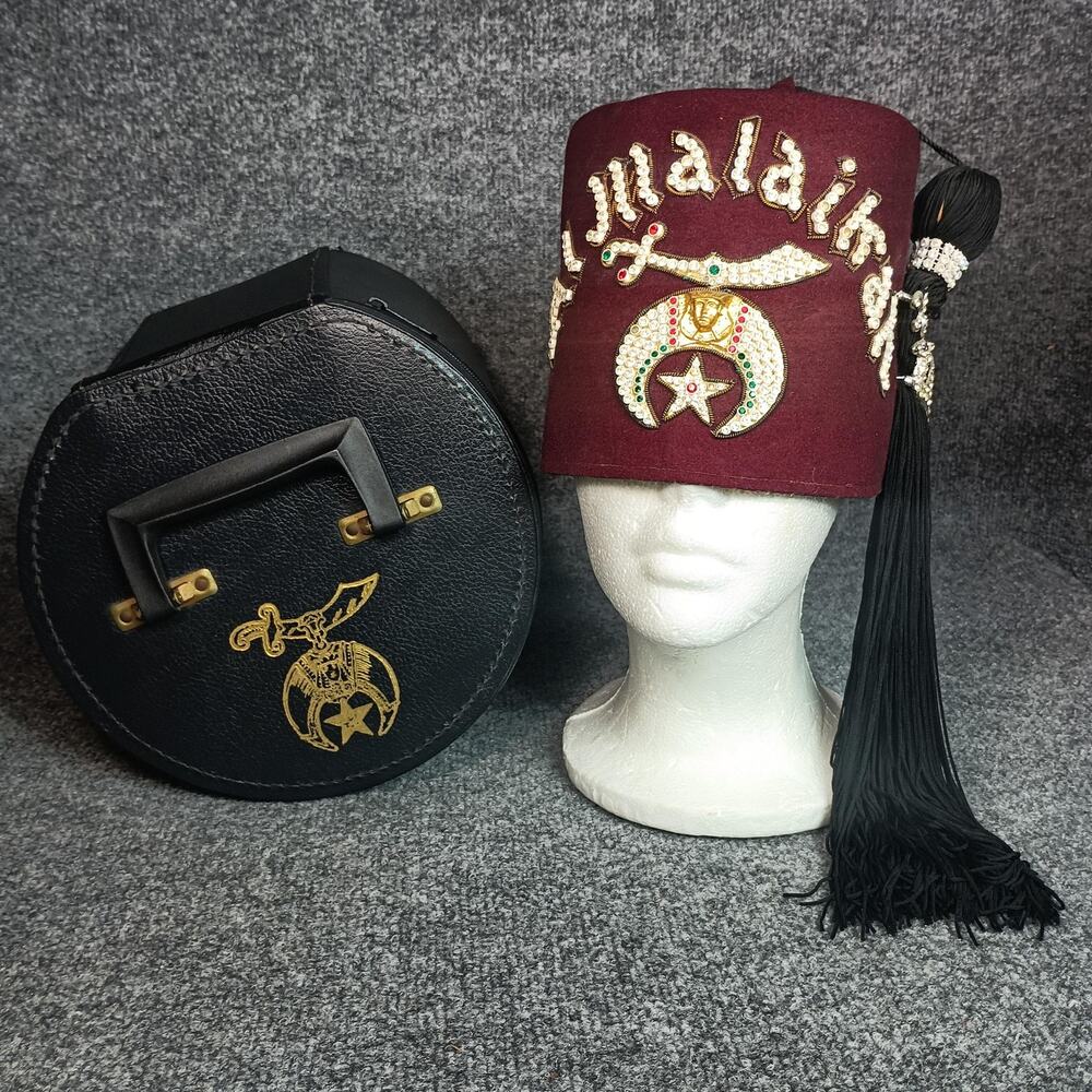 Vintage Shriners Fez Hat 7 1/4 Malaikah Masonic Supply Co Rhinestone Tassel Case